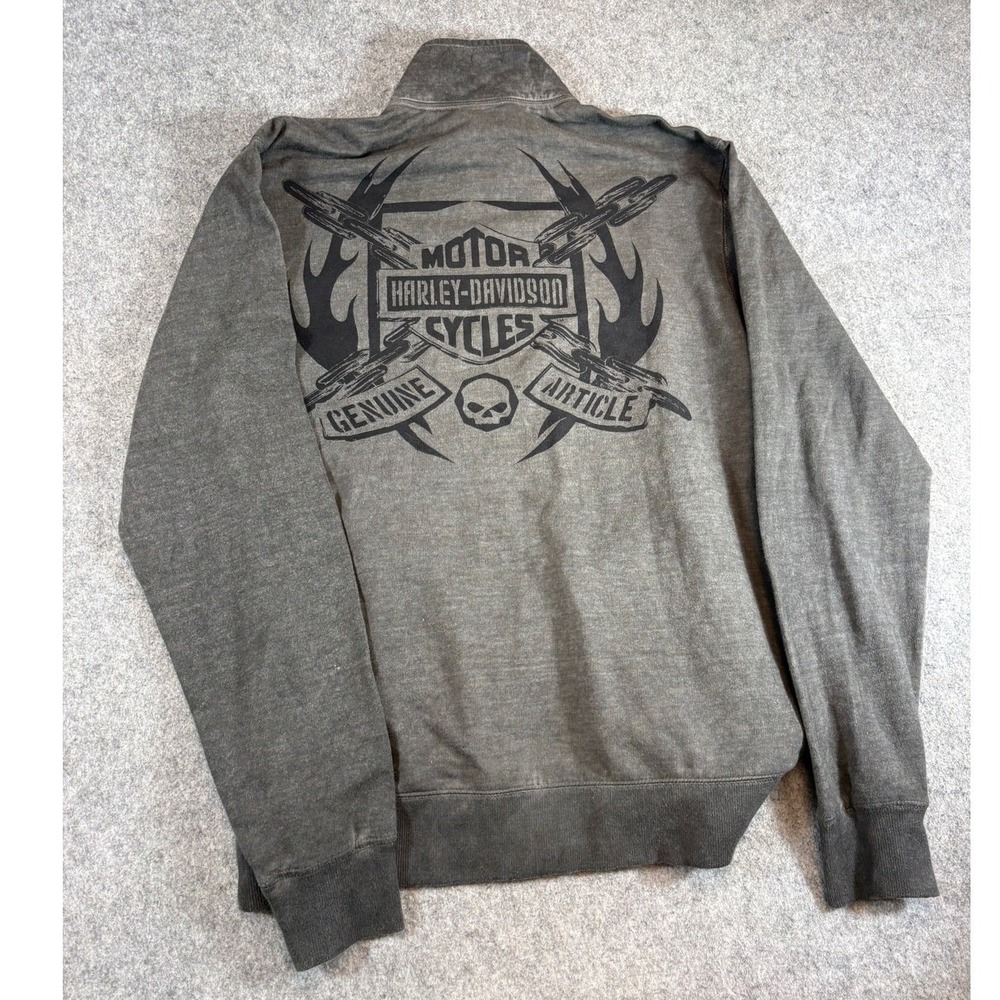 Harley Davidson Full Zip Sweatshirt Mens Small Gray Mock Neck Biker Skull VTG